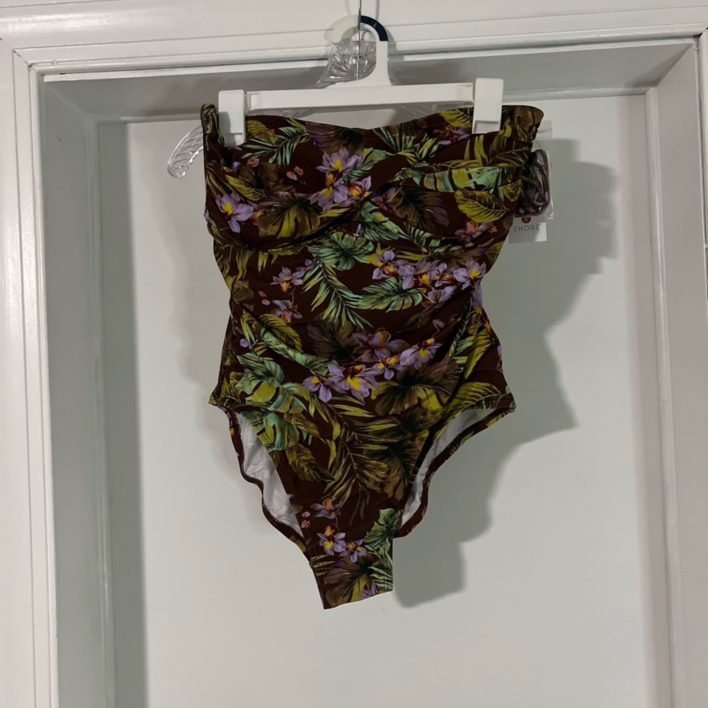 New Kona Sol Swimsuit Brown Floral One Piece Ruffle￼ Swimsuit ￼ Size L
